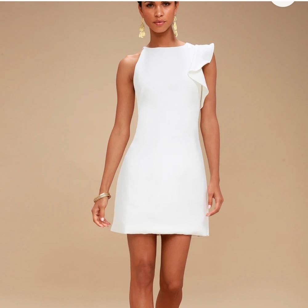 Lulu's White One-Shoulder Ruffle Shift Dress